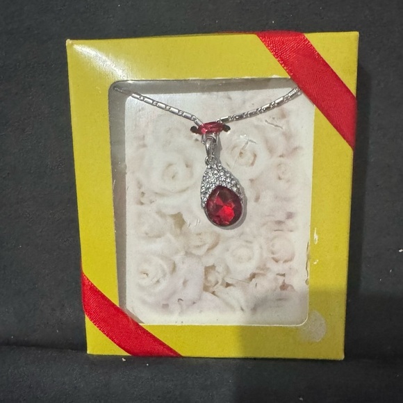 Crystal Crusted Red Rhinestone Teardrop Necklace - Picture 2 of 3